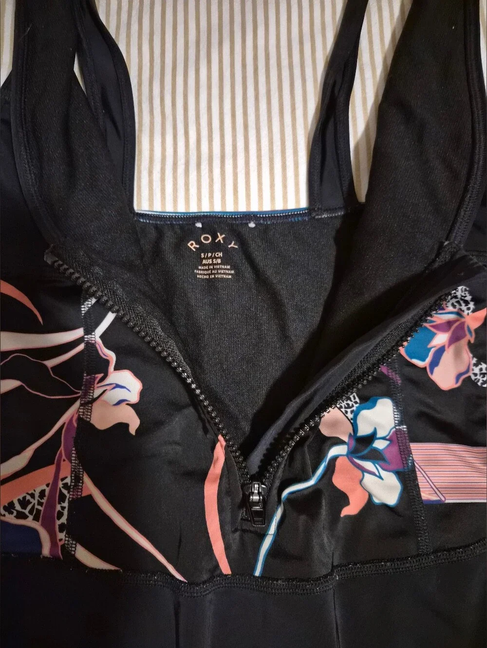 Black Floral Zipper One-Piece Swimsuit